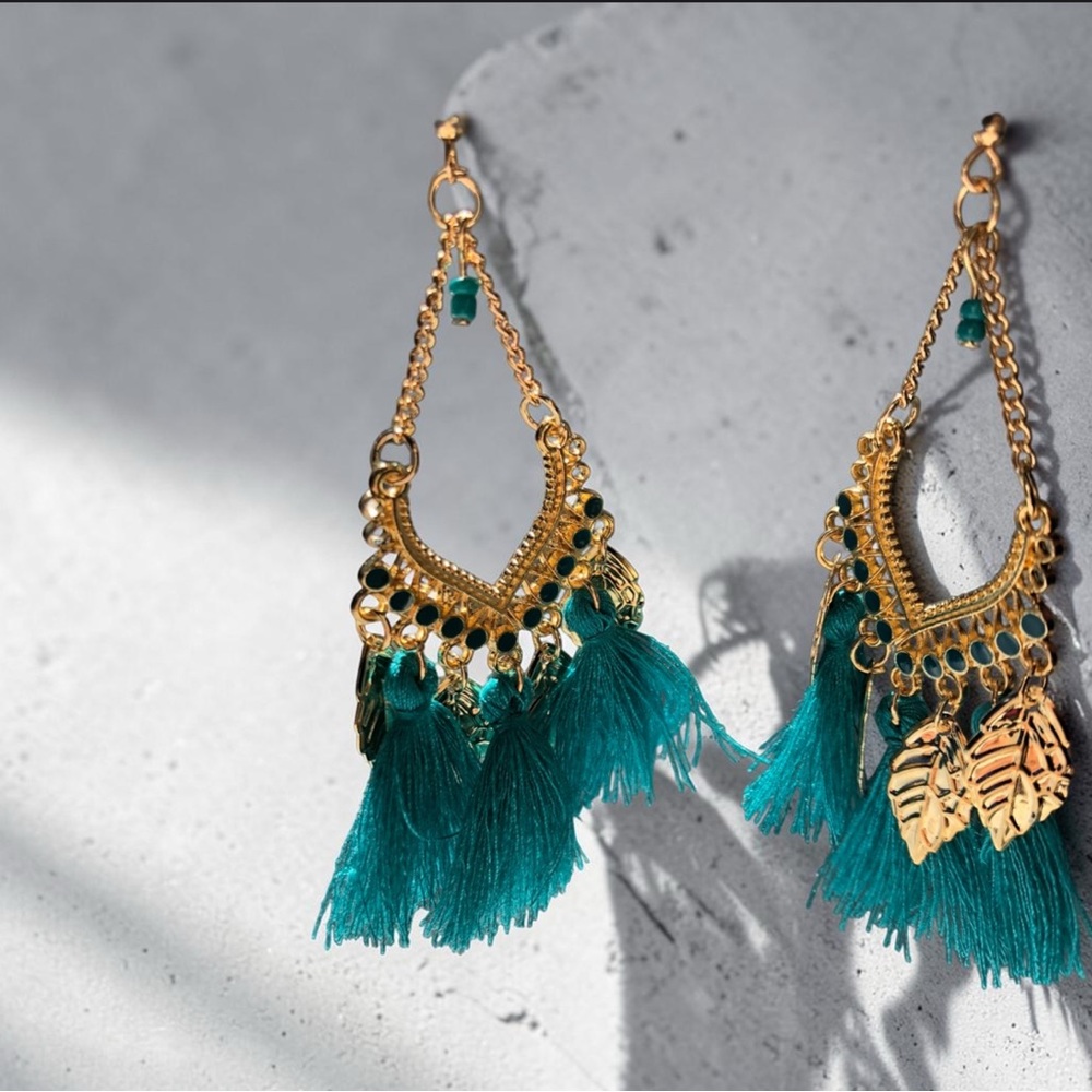 Gold and Teal Tassel Dangle Earrings - Women Jewelry